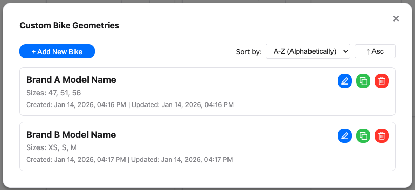 Custom bike geometries list